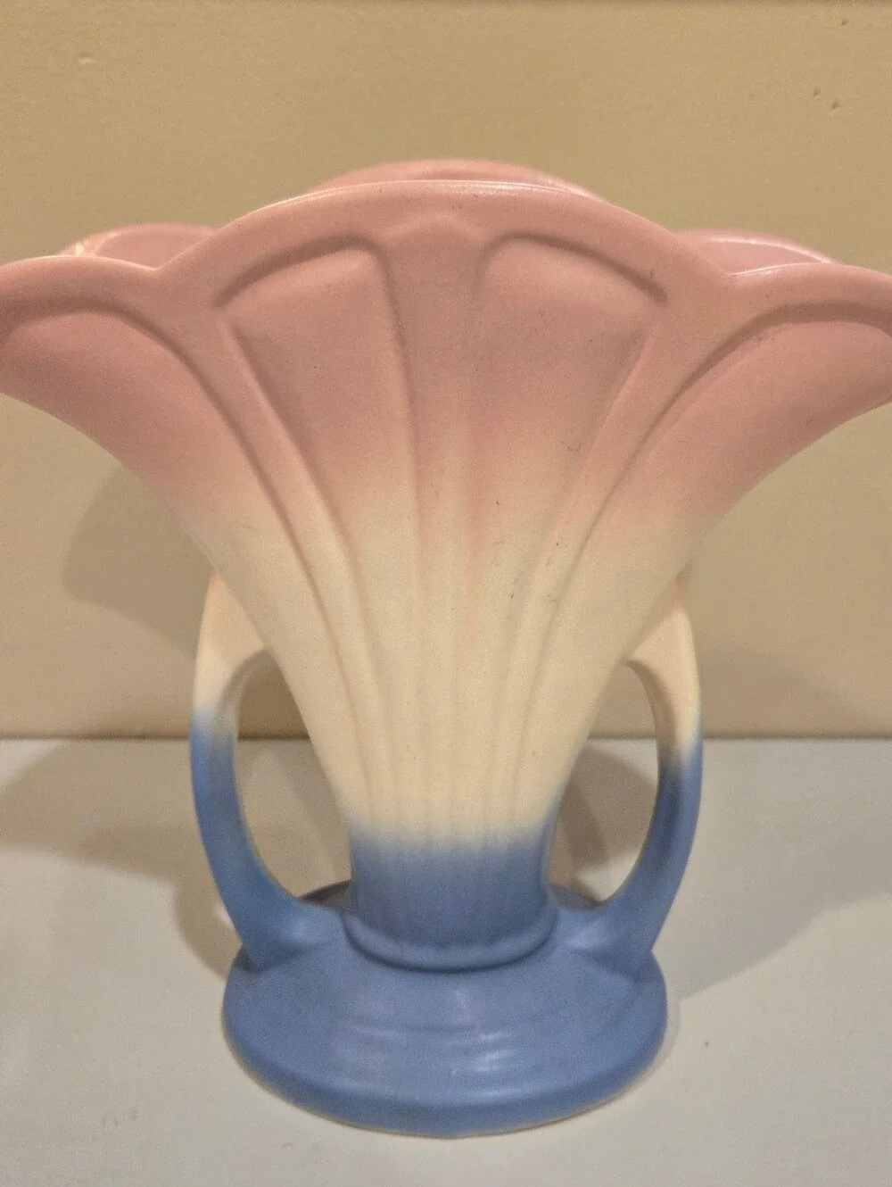 Vintage Hull Pottery Mardi Gras Pink, Cream & Blue Ceramic Fan Vase 